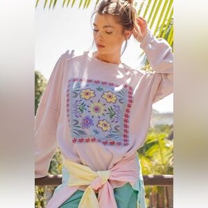 Boho Print Women's Top Long Sleeve Terry Easel Pastel Floral Sweatshirt